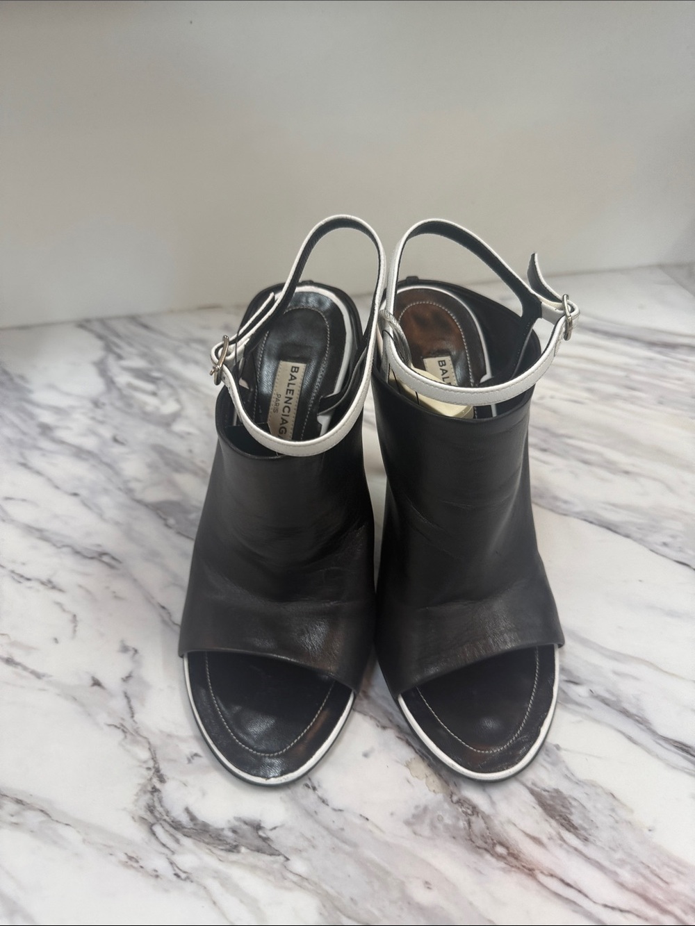 Balenciaga Black Leather Open-Toe Slingback Heels with Silver Trim